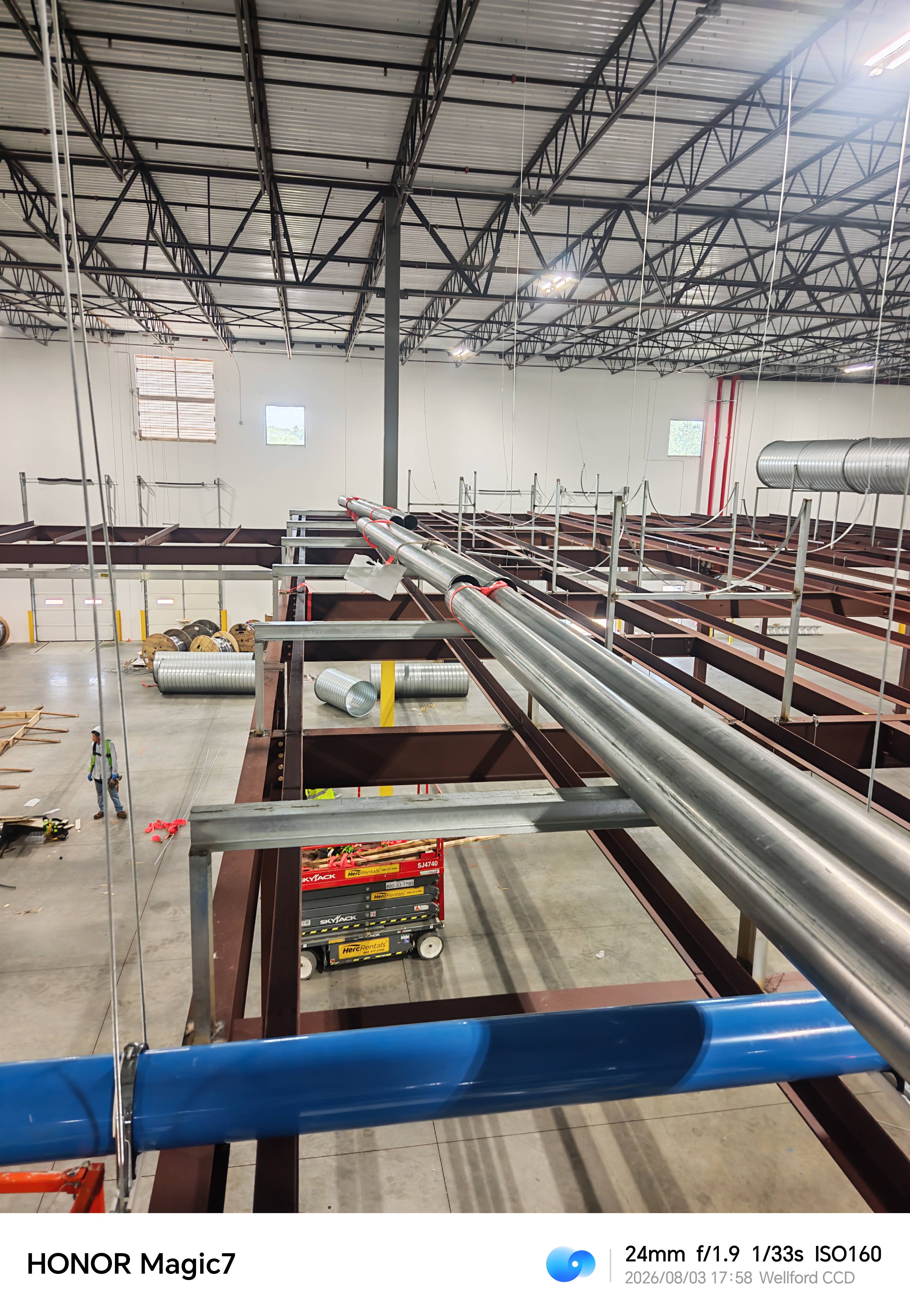 Industrial pipe routes through the facility